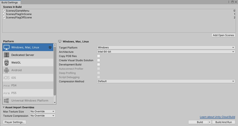 Unity build settings