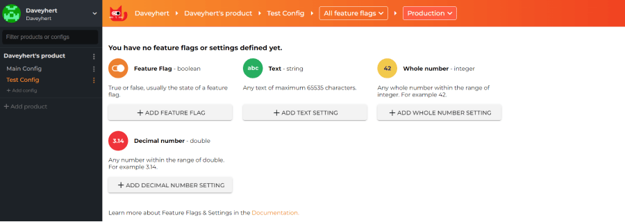 ConfigCat feature flag setup dashboard