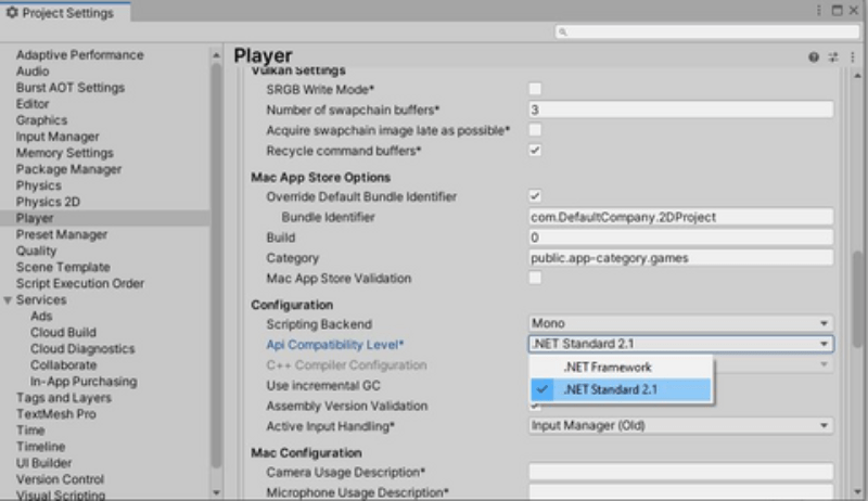 Unity project settings