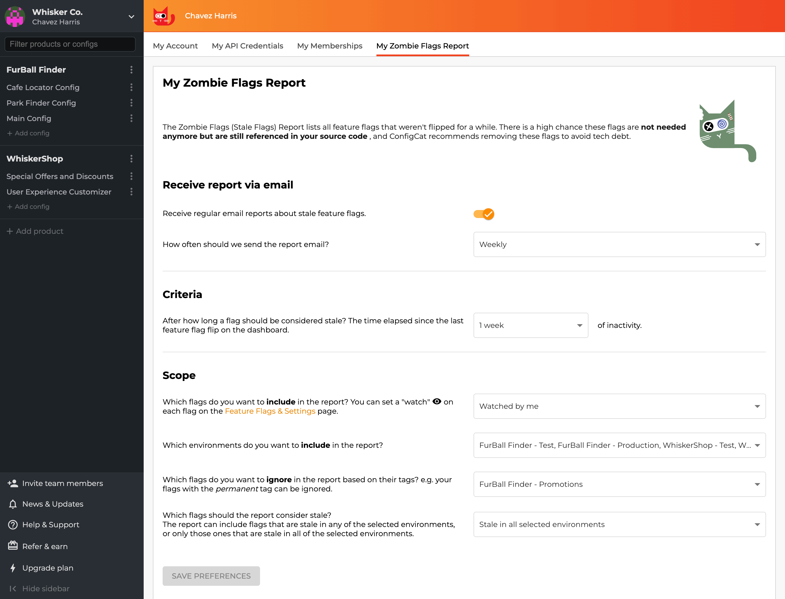 My Zombie Flags Report page in the dashboard