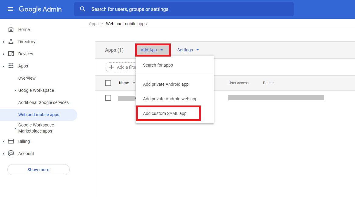Google add SAML app