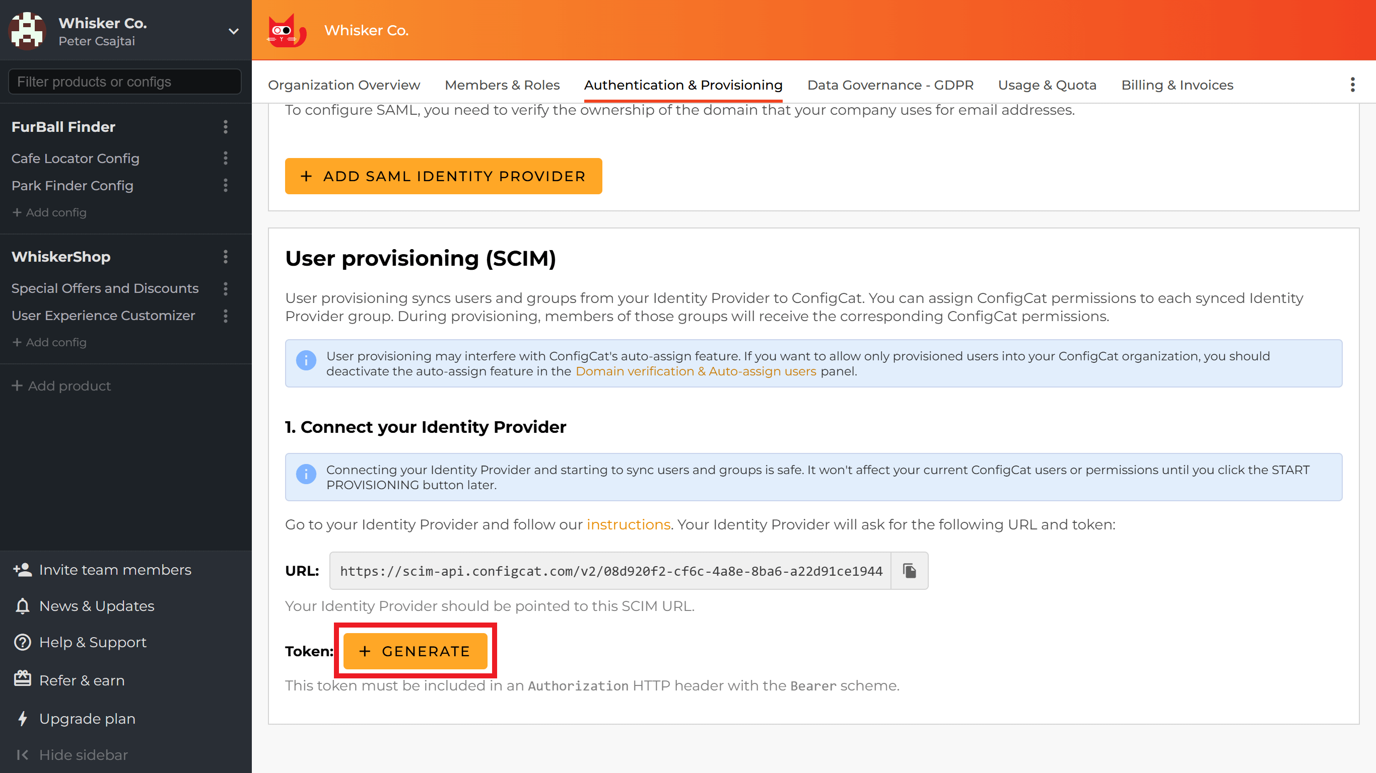 ConfigCat SCIM token generate