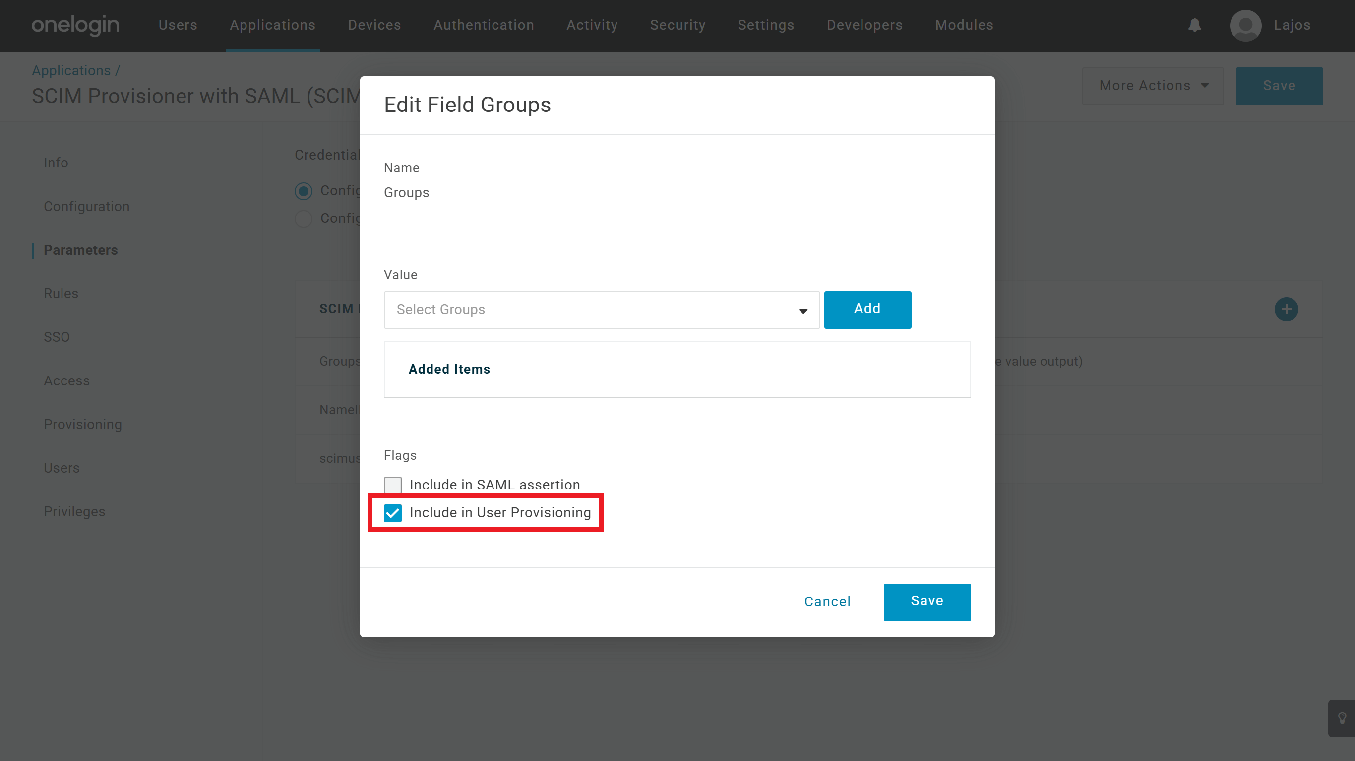 OneLogin Groups parameter